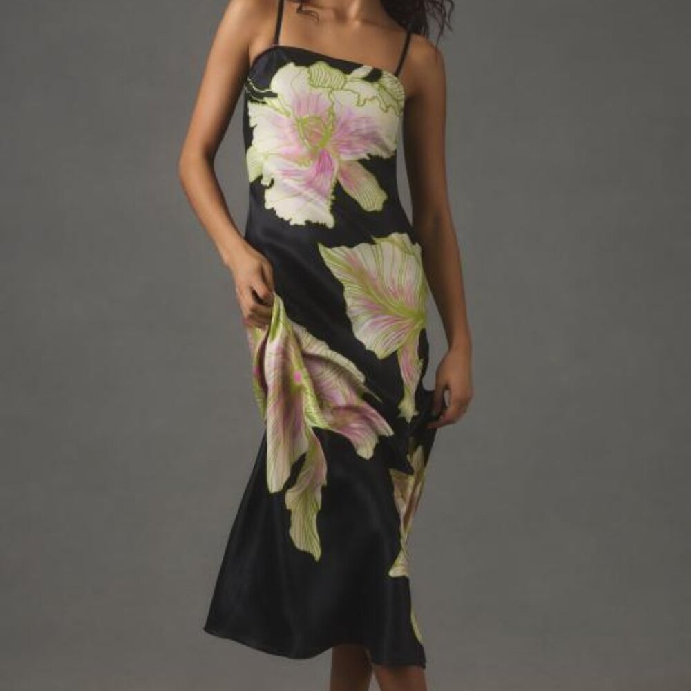 Anthropologie Black Maxi Dress with Pink and Green Floral Design
